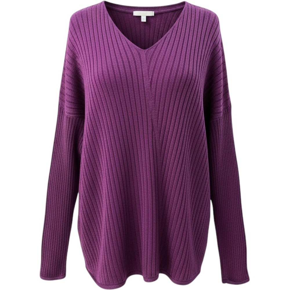 Eileen Fisher Plum Purple Ribbed V-Neck Sweater Silk Blend Asymmetric Wrap L
